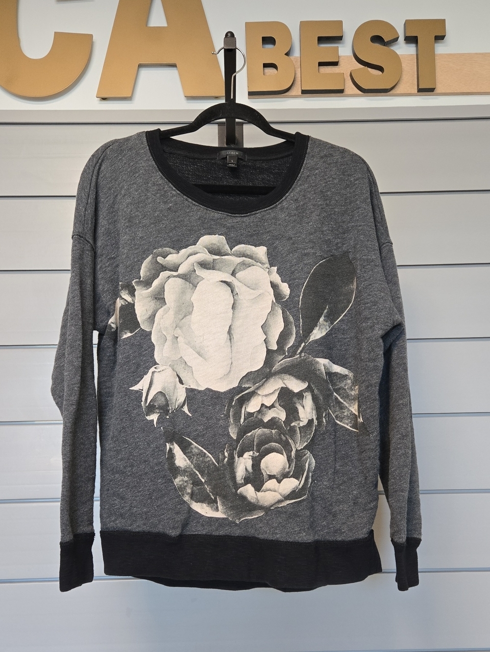 J. Crew Charcoal Gray Floral Crewneck Sweater